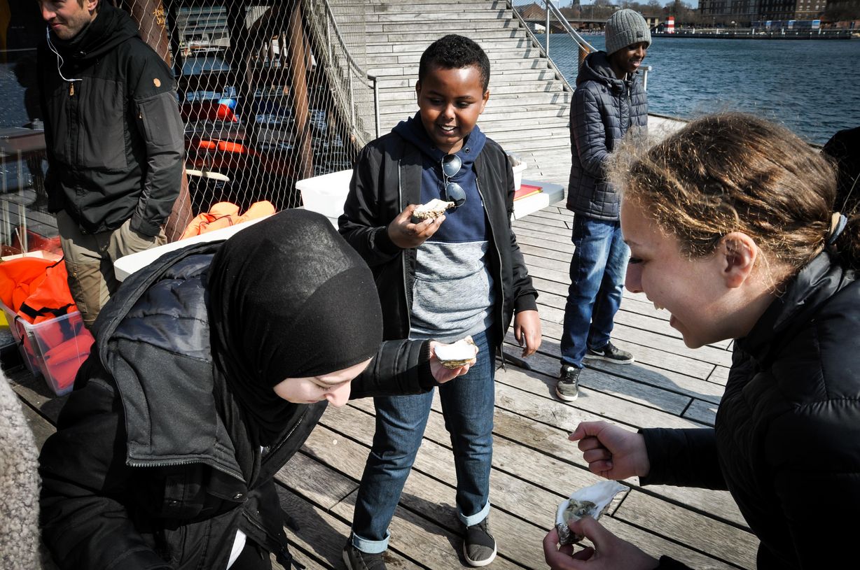 Modige elever fra Nørre Fælled Skole smager rå østers. I deres emneuge blev de undervist om bæredygtigt brug af verdens have. Foto: Torben Kloster.