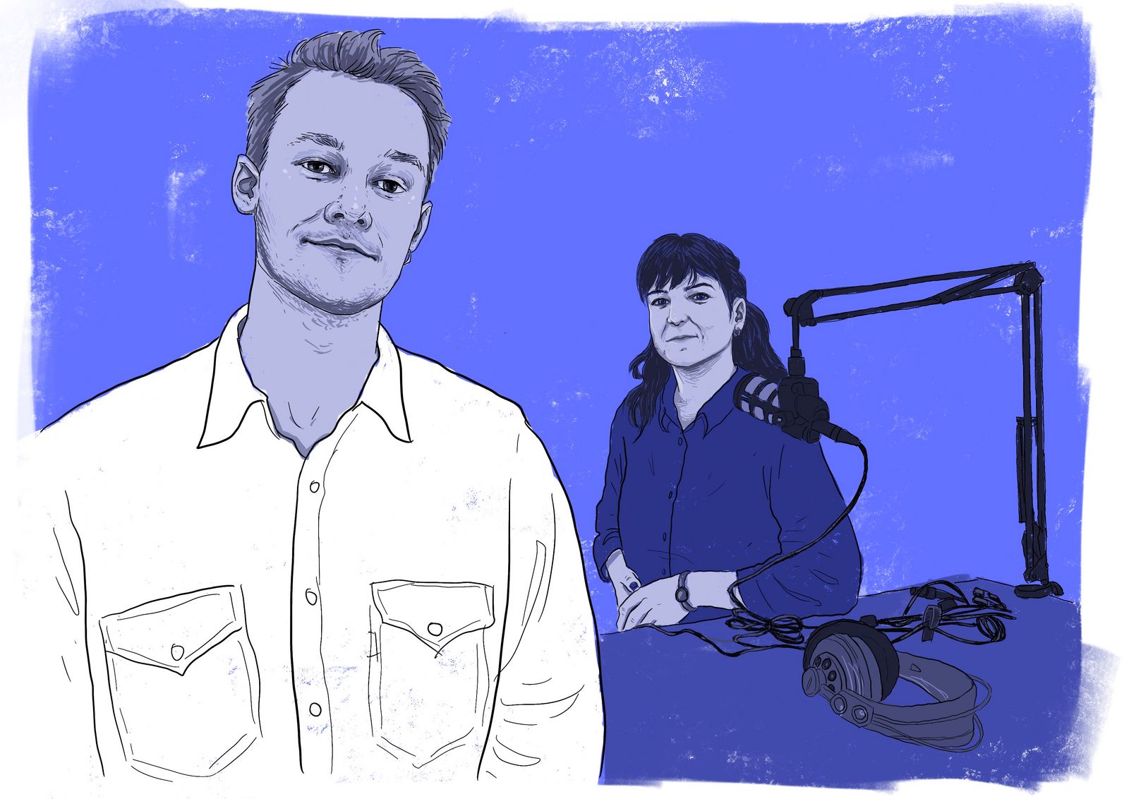 Journalisterne Lasse Klinke og Karna Bunk-Jensen er i studiet for at tale om KLFnet's sexismeundersøgelse. Illustration: Lisbet Fredslund Journalisterne Lasse Klinke og Karna Bunk-Jensen er i studiet for at tale om KLFnet's sexismeundersøgelse. Illustration: Lisbet Fredslund